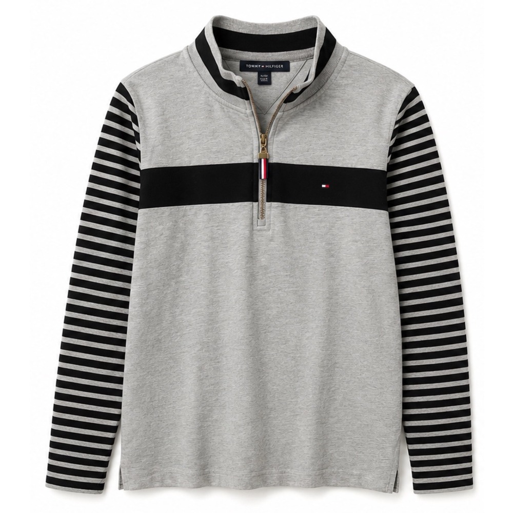 Tommy Hilfiger Womens Quarter Zip Striped Sleeve Gray Preppy Pullover Sweater Lg